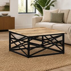 Solid Mango Wood Coffee Table with Cast Steel Legs