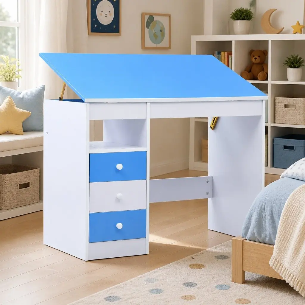 Children's Study Desk Ergonomic Tiltable Workspace Blue White