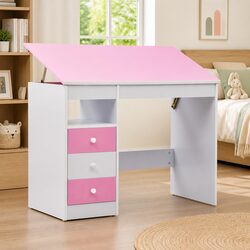 Tiltable Children's Study Desk with Drawers in Pink White