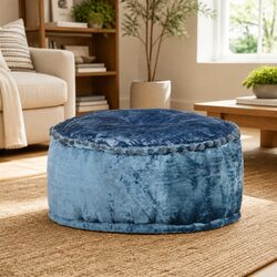 Round Pouffe Ottoman in Blue Velvet 40x20cm