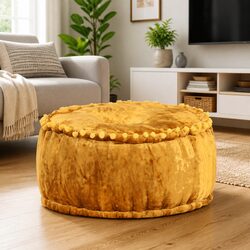 Round Pouffe Ottoman Footrest 40x20cm Velvet Mustard Yellow