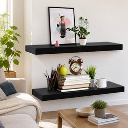 MDF Black Wall Display Shelves Set of 2 with Invisible Mounting