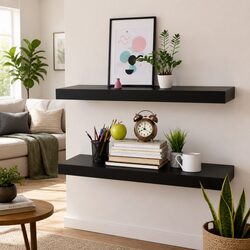 Set of 2 Black Floating Wall Shelves with Invisible Mounting