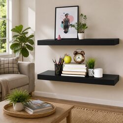 Set of 2 Black Floating Wall Shelves with Invisible Mounting