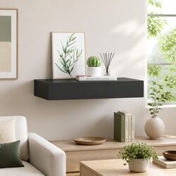 Functional Black Floating Wall Shelf with Drawer 48x25x8 cm