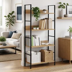 4-Layer Brown Book Shelf with Engineered Wood and Steel