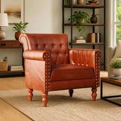 Armchair in Real Goat Leather and Mango Wood Legs