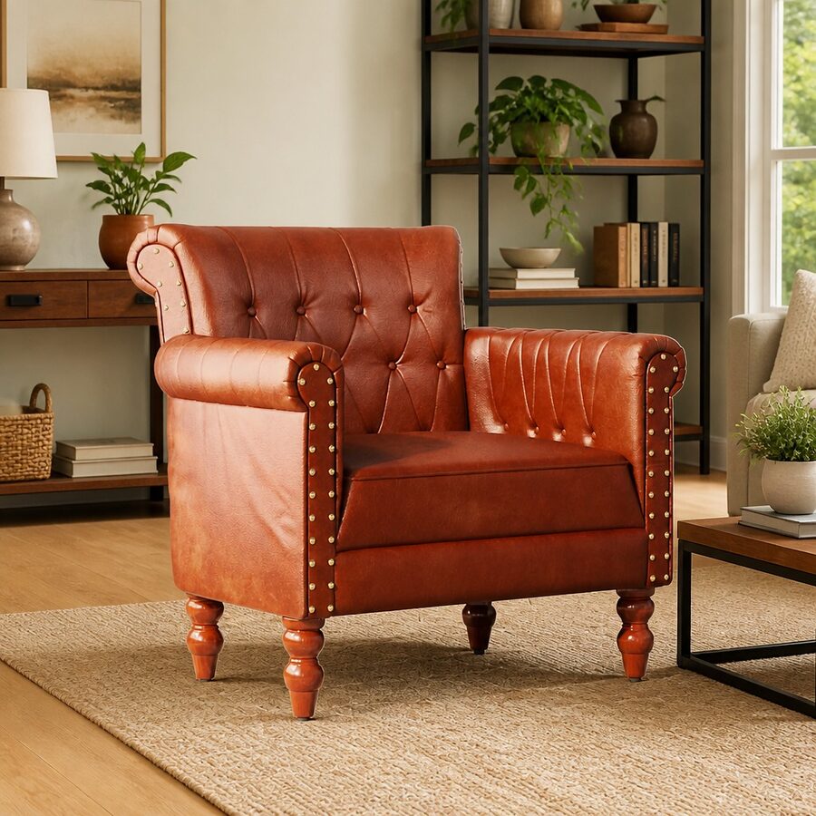 Armchair in Real Goat Leather and Mango Wood Legs