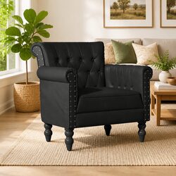 Black Goat Leather Armchair with Mango Wood Legs
