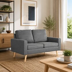 Grey Fabric 2-Seater Sofa with Wooden Frame and Cushions