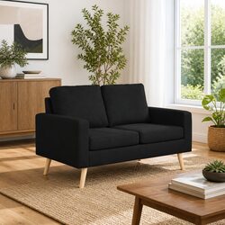 2-Seater Sofa in Black Fabric with Wooden Frame