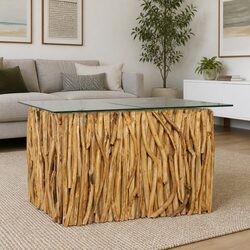 Coffee Table with Glass Top and Solid Teak Wood Construction