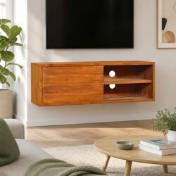 Wall-mounted TV Cabinet with 2 Shelves, Solid Teak Wood, Brown 90x30x30cm
