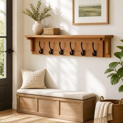 Wall-Mounted Coat Rack, 6 Hooks in Solid Oak Wood