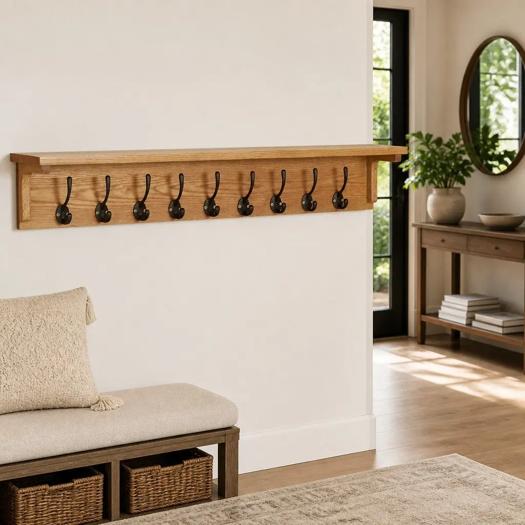 Coat Rack Wall-Mounted Brown Solid Oak Wood 9 Hooks Entryway Hallway Storage