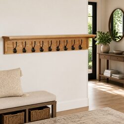 Wall-Mounted Solid Oak Wood Coat Rack with 9 Hooks