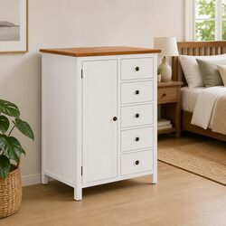 Solid Oak Wood Wardrobe Cabinet with Drawers and Hanging Rod
