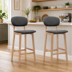Bar Stools Set of 2 with Grey Fabric Upholstery