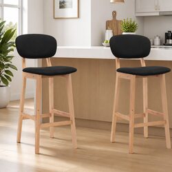 Bar Stools Set of 2 with Black Fabric and Beech Wood Legs
