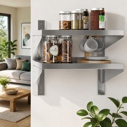 2-Tier Floating Wall Shelf Silver Stainless Steel Unit