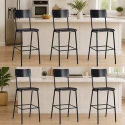 Stackable Set of 6 Black Bar Stools with Plywood Seats