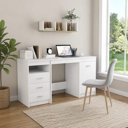 Engineered Wood White Office Desk with Drawers and Door