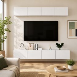 4-Piece Wall-Mounted White TV Cabinet Set in Engineered Wood