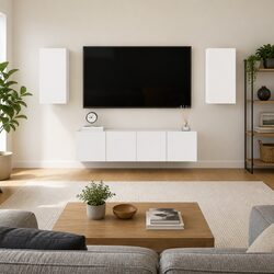 4-Piece White TV Cabinet Set with Storage Shelves