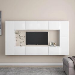 White Wall-Mounted TV Cabinet Set 8 Piece Storage Unit Living Room Furniture