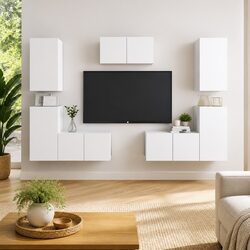 7 Piece Wall Mounted TV Cabinet Set in White Finish