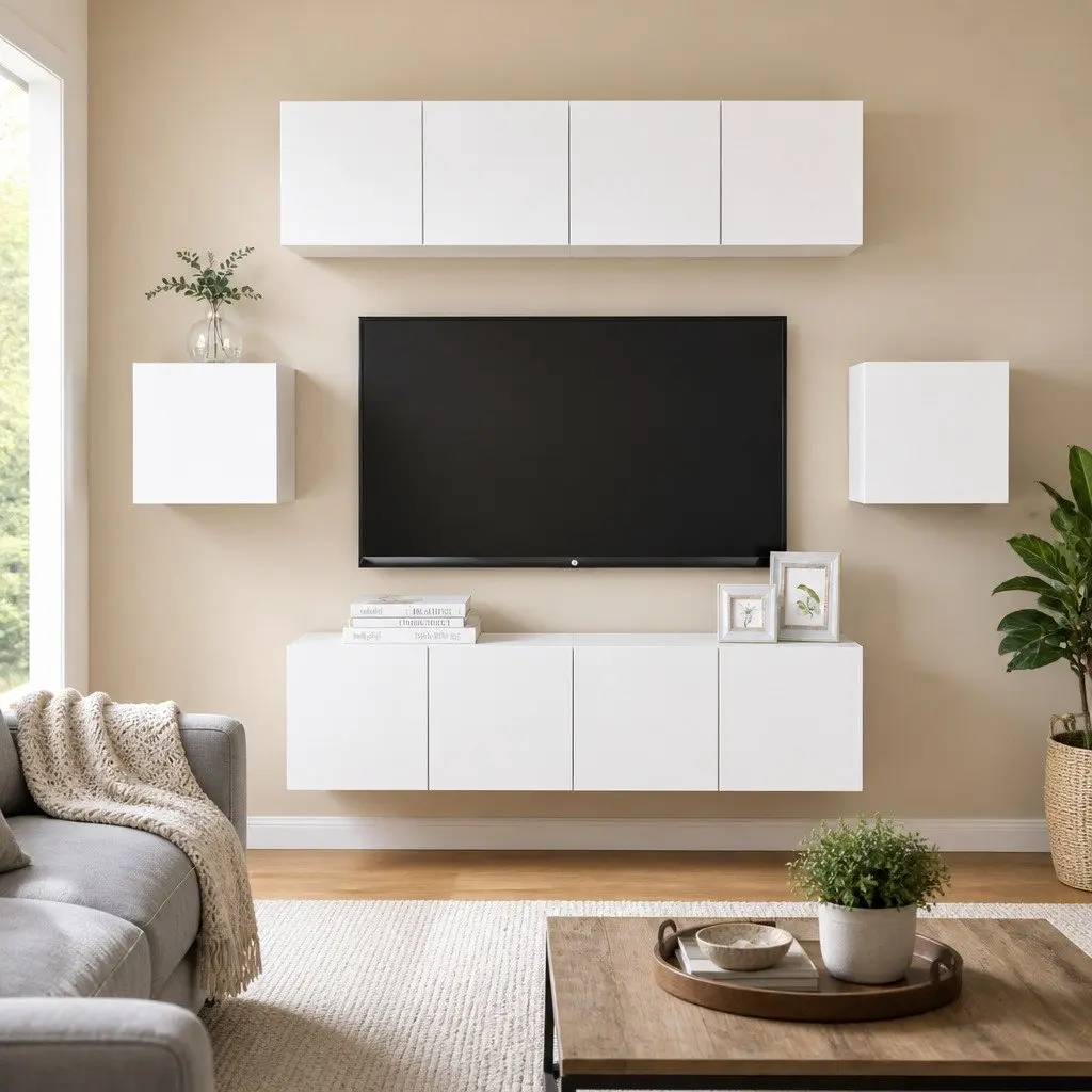Wall Mounted TV Cabinet Set Space Saving 6 Piece White Engineered Wood Organiser