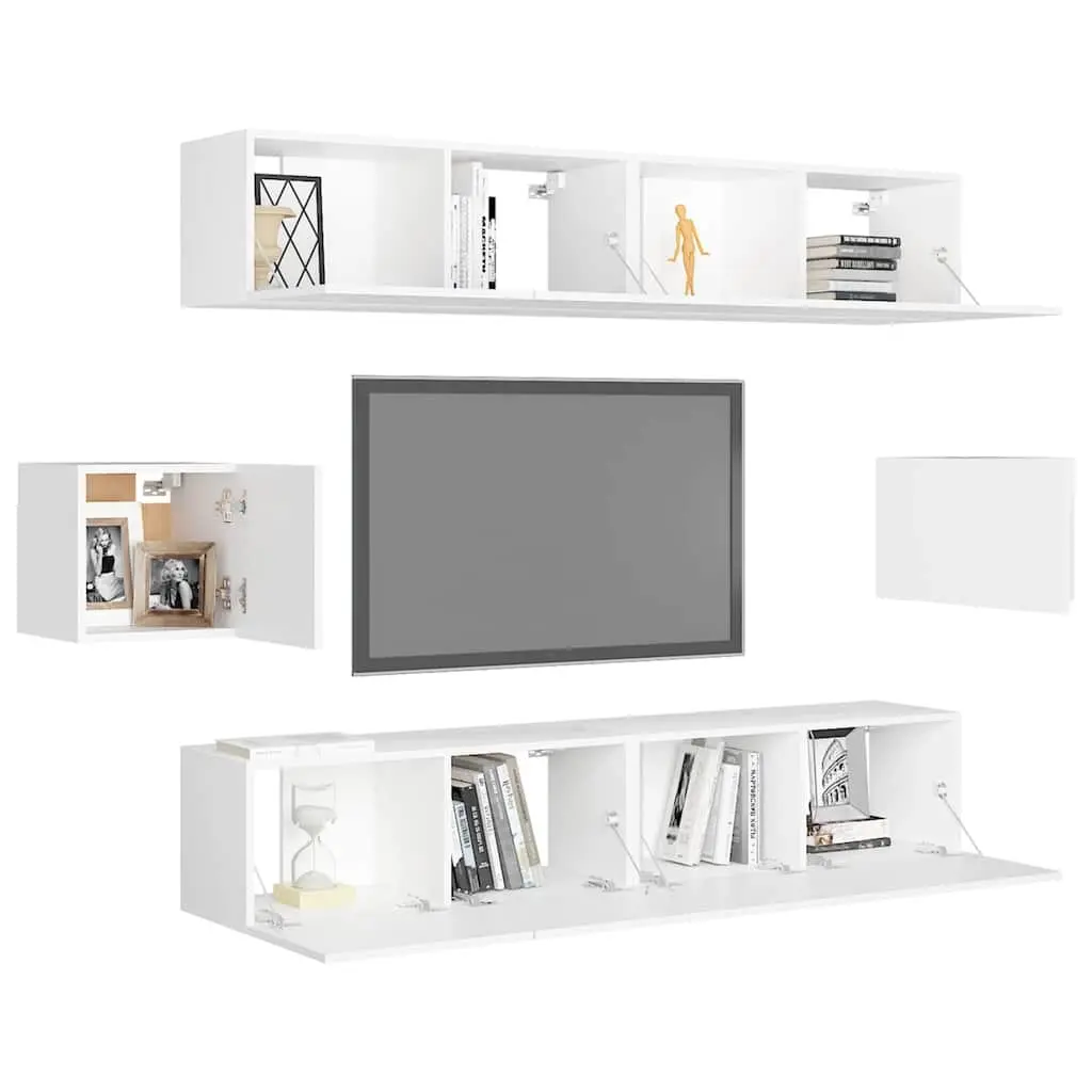 TV Cabinet Set Wall Mounted Storage Shelving Unit White 6 Piece