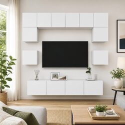 White Wall Mounted TV Cabinet Set - 8 Pieces