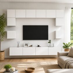 Wall Mounted TV Cabinet 8-Piece Storage Unit in White