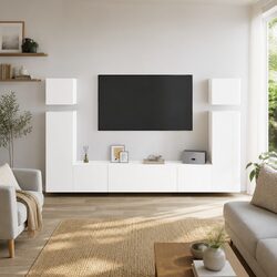 8-Piece Wall Mounted TV Cabinet Set in White Engineered Wood