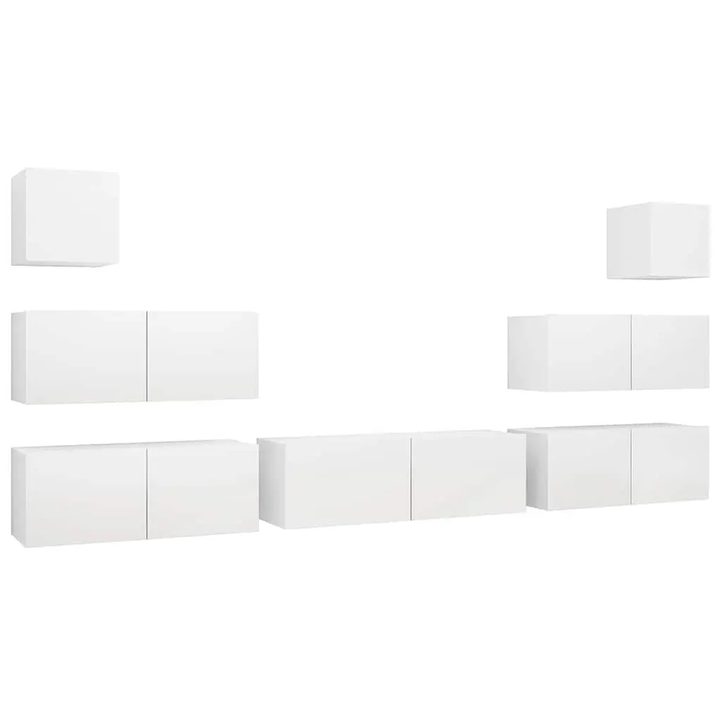 7 Piece TV Stand Set Wall Mounted Storage Compartments White