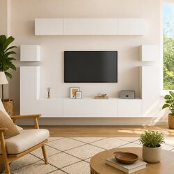 8 Piece White Wall Mounted TV Cabinet Storage Unit