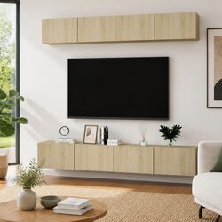 Wall-Mounted TV Cabinet Set - Four Storage Units in Brown