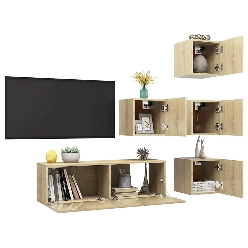 5 Piece Wall Mounted TV Cabinet Set Large Storage Space Brown