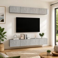 Set of 4 Grey Engineered Wood Wall-Mounted TV Cabinets