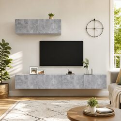 Three-Piece Grey Wall Mounted TV Storage Cabinet