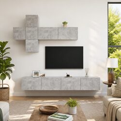 7 Piece Grey TV Cabinet Set with Wall-Mounted Storage