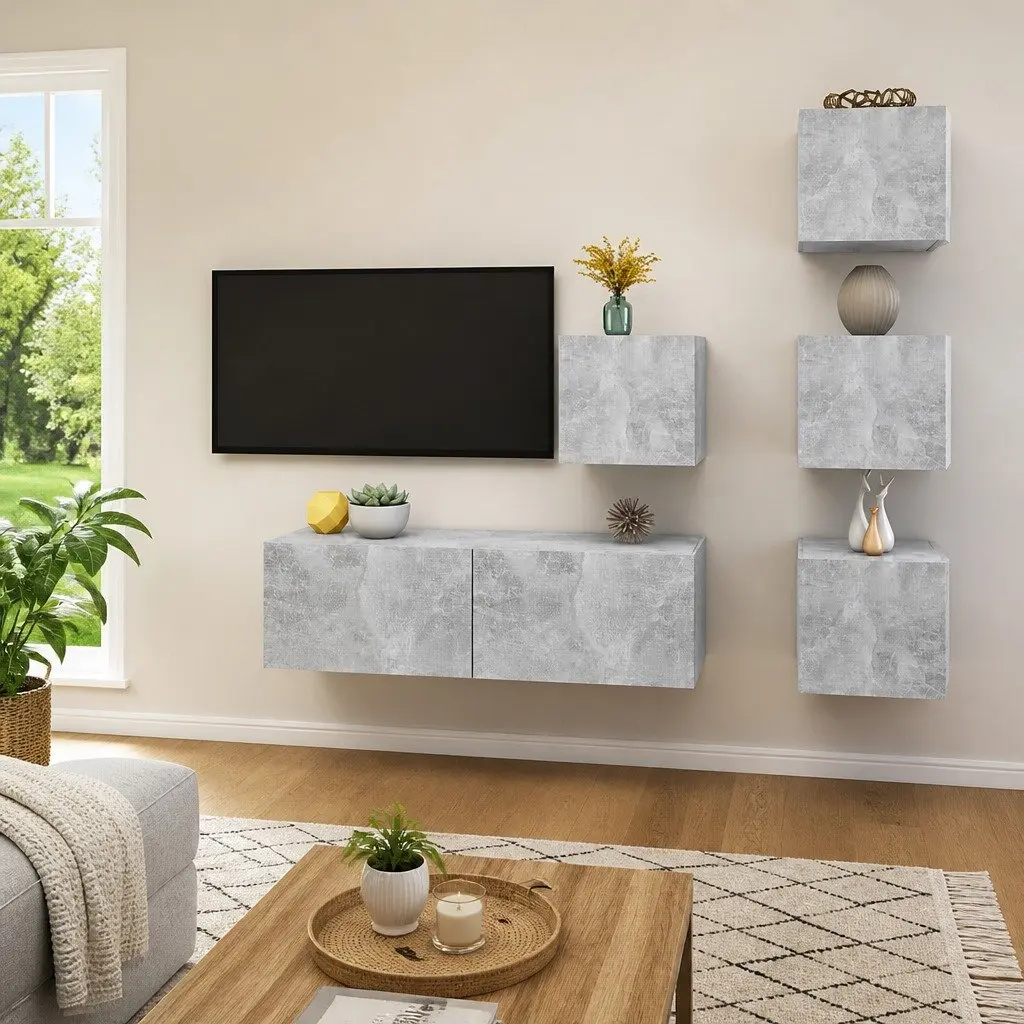 TV Cabinet Set Modern Wall Mounted Storage 5 Piece Grey