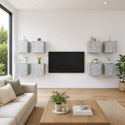 Concrete Grey Wall Mounted TV Storage Cabinet Set of 8