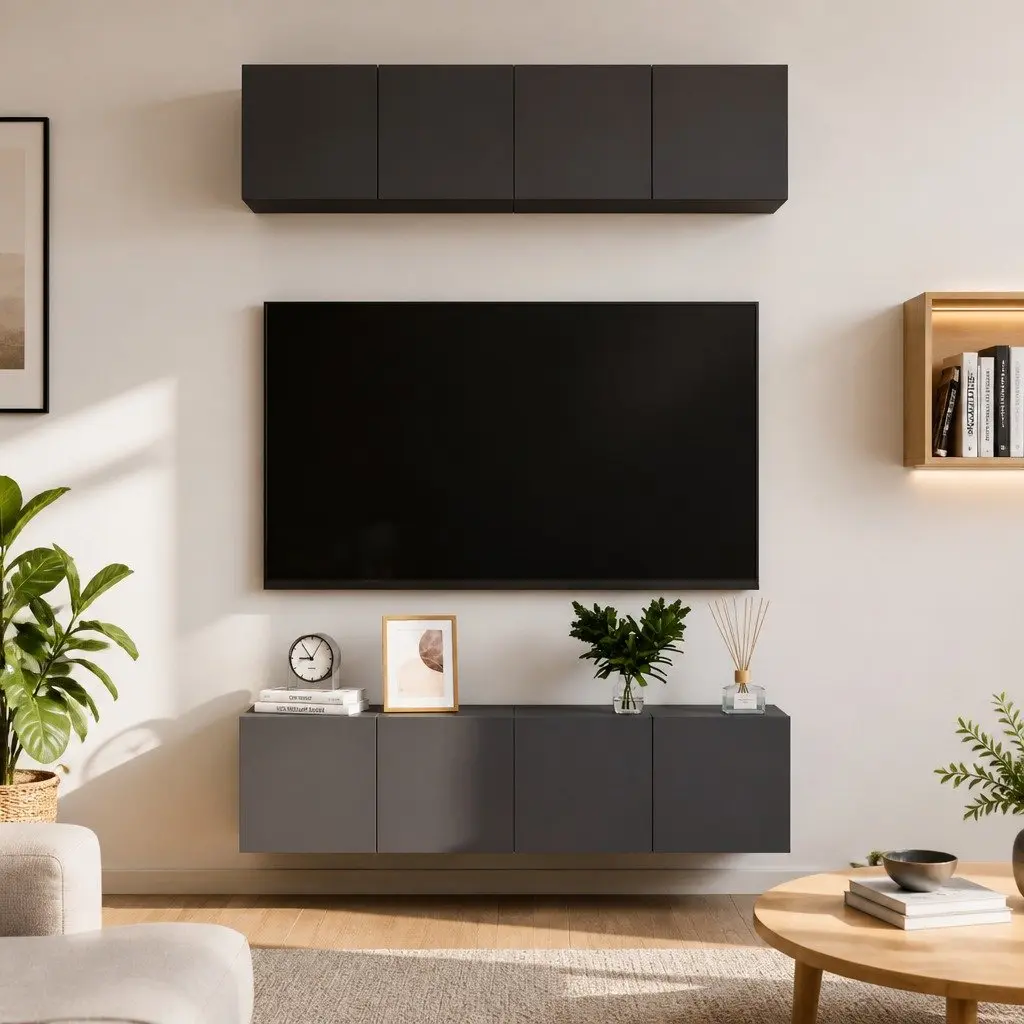 TV Cabinet Set Wall Mounted Storage Unit High Gloss Grey 4 Pieces