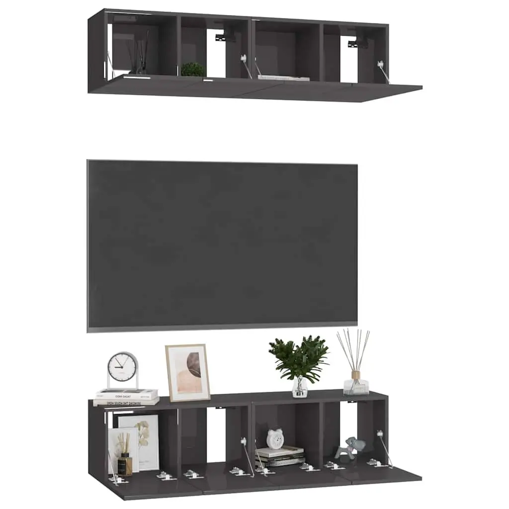 TV Cabinet Set Wall Mounted Storage Unit High Gloss Grey 4 Pieces