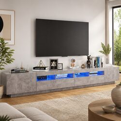 Grey TV Cabinet with LED Lighting and Storage Options