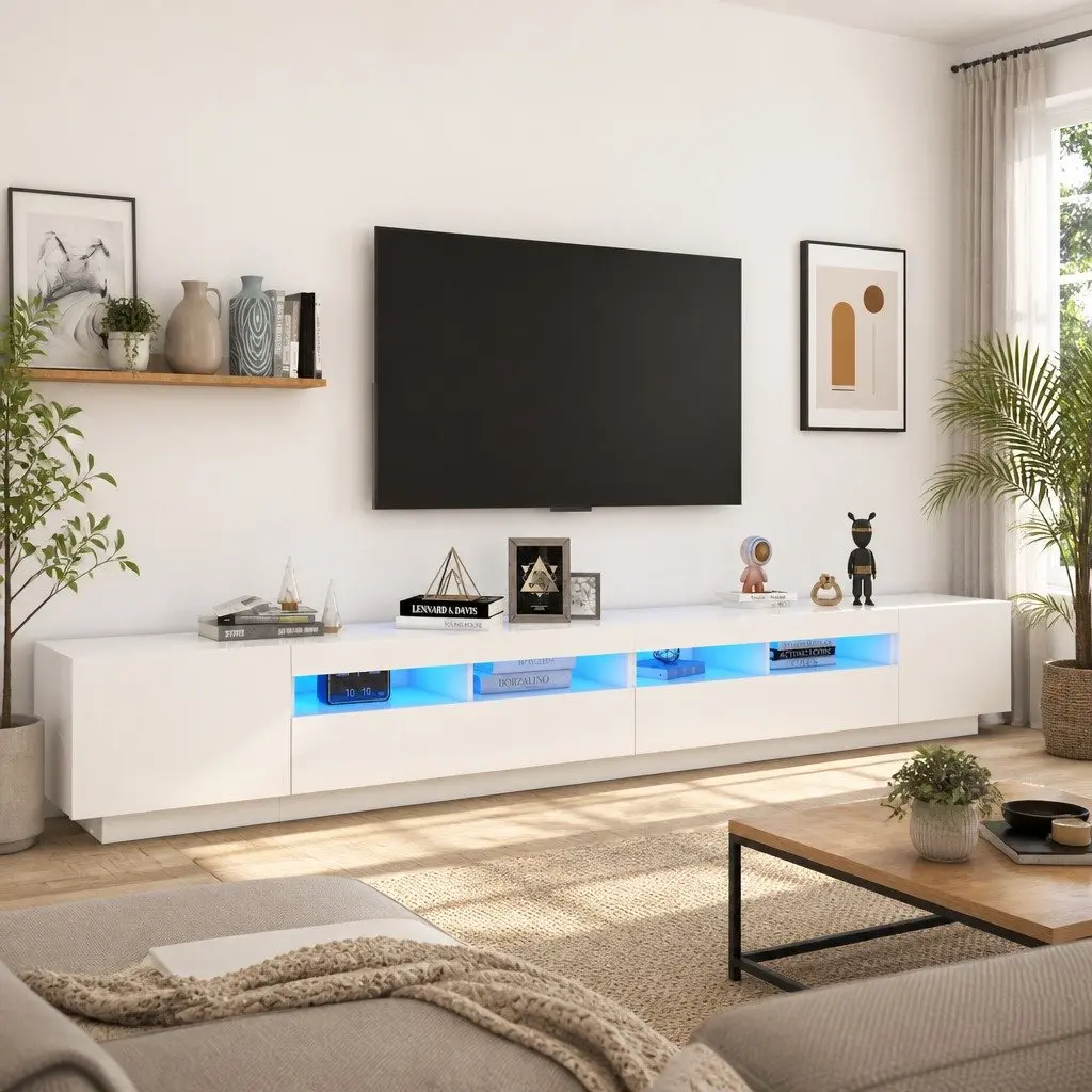 White TV Cabinet 300cm Media Storage Unit with LED Lighting Contemporary Organiser Stand