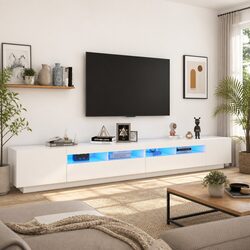 300cm White TV Cabinet with LED Lights and Storage
