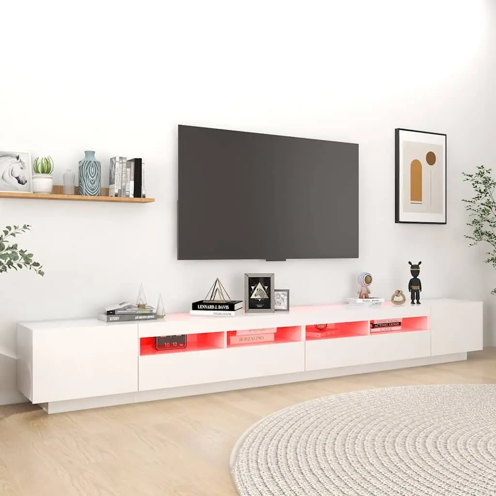 White TV Cabinet 300cm Media Storage Unit with LED Lighting Contemporary Organiser Stand